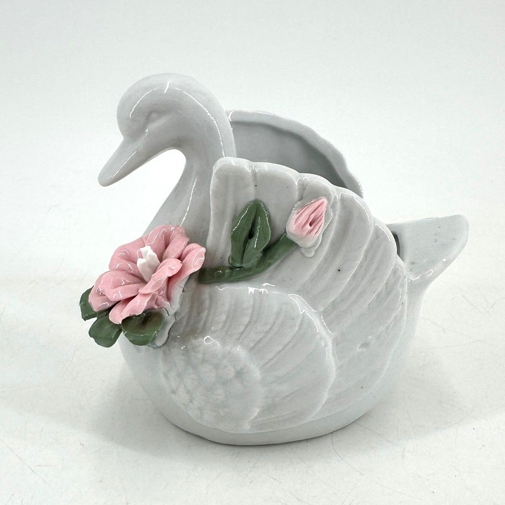 Vintage White Ceramic Swan Planter Figurine Pink Floral Trinket Dish Cottagecore